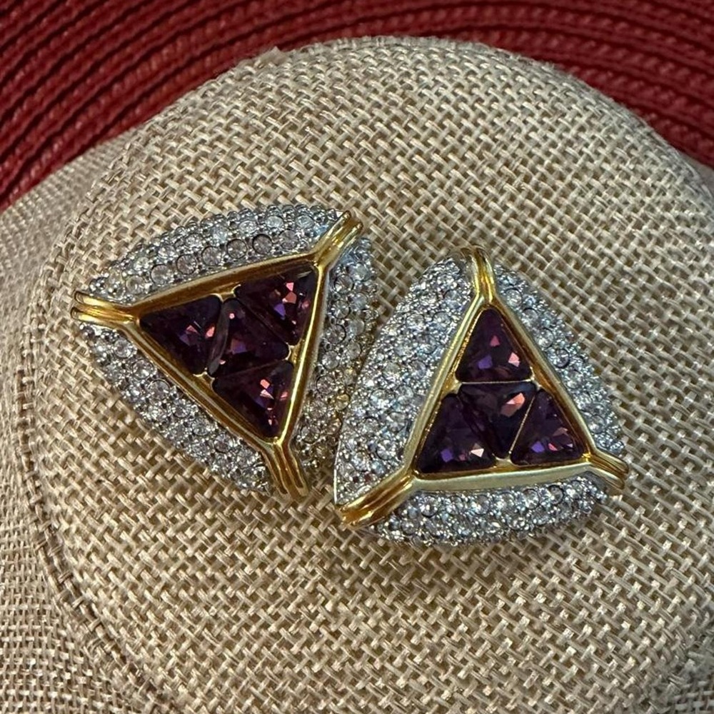 Swarovski Clip-On Earrings Purple Rhinestones Pavé Crystals Gold Silver Tone